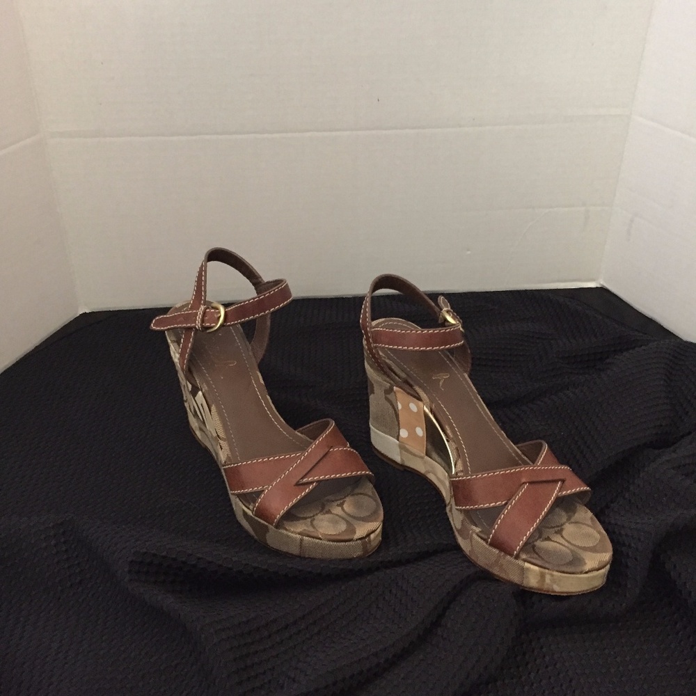 Coach Signature CC Leather Ankle Strap Wedges 5.5